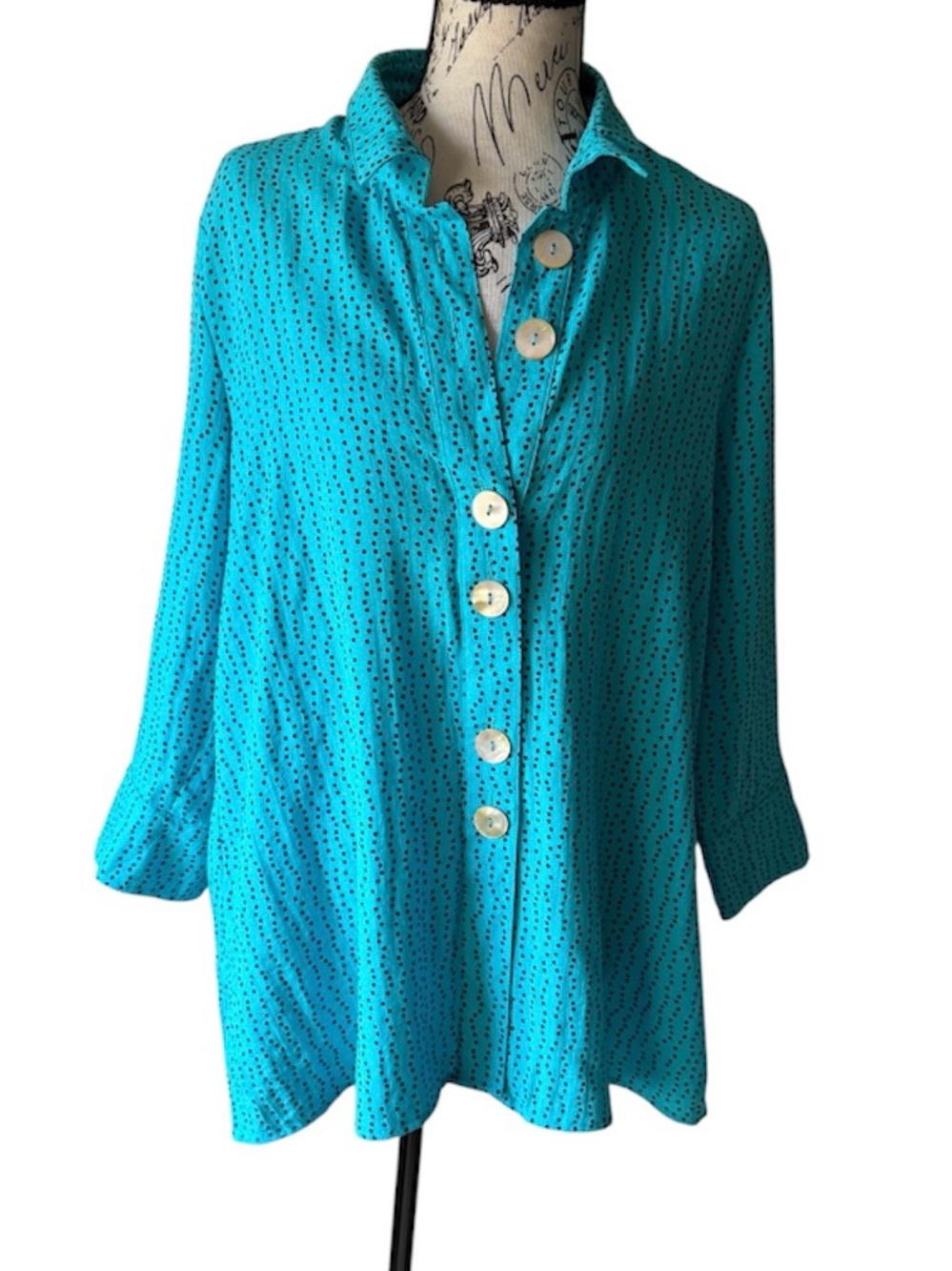 Ali Miles Turquoise Button-Front Women’s Blouse Nylon & Rayon